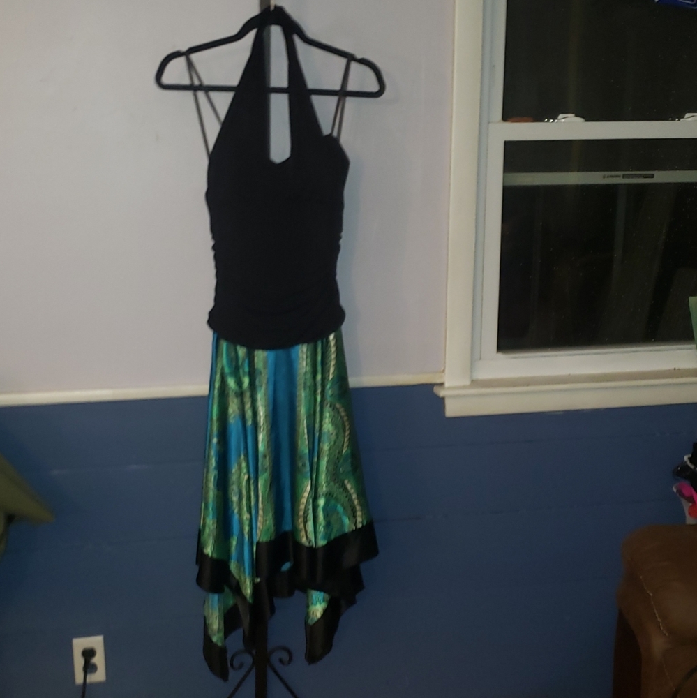 AGB black/blue/green paisley halter dress